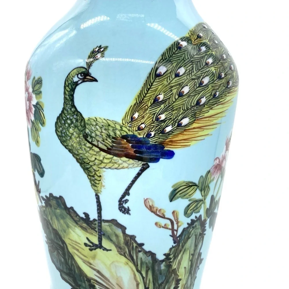 Vintage Taiwan Rocporcelain Peacock Hand Painted Large Floor Vase